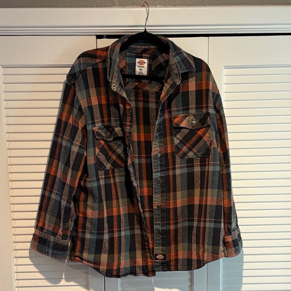 Dickies Men's Casual Plaid Shirt - Black, Green and Orange